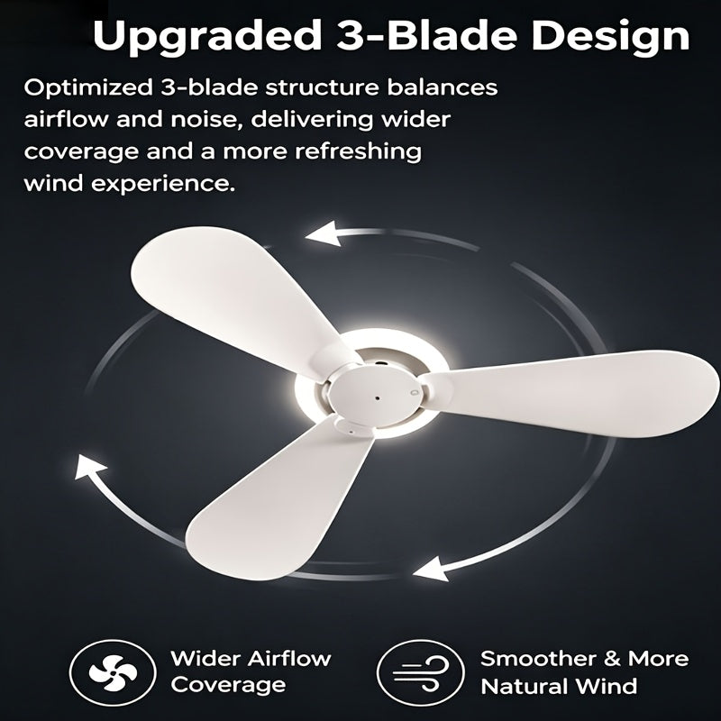 Tent Ceiling Fan with LED Illumination, Rechargeable Portable Camping Fan with 3 Removable Blades and 3 Speeds for RVs, Gazebos and Dorm Rooms