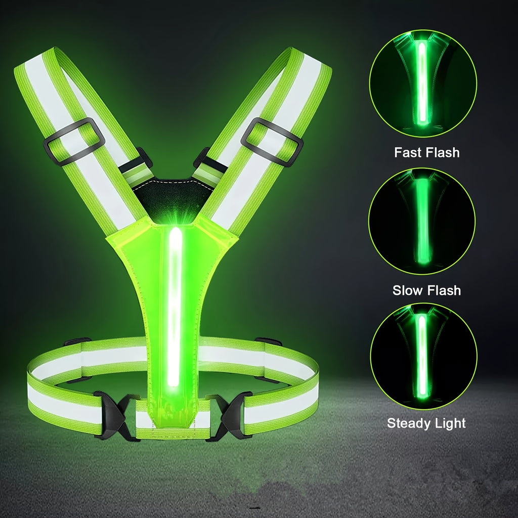 3-Mode LED Reflective Running Vest in Green, Adjustable Light Up Visibility Gear for Men and Women Walking, Jogging and Cycling
