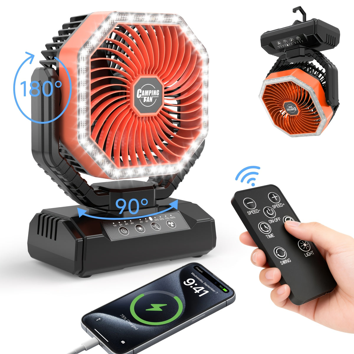 Portable Outdoor Desk Fan with LED Light, Camping Cooling Gear with Orange, Green, Black, Gray and Pink Color and Model Options