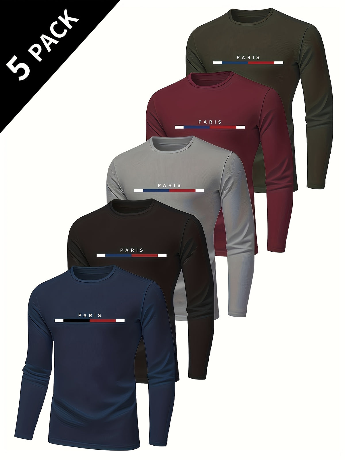 Men's Paris Print Long-Sleeve Crewneck T-Shirts, 5-Pack