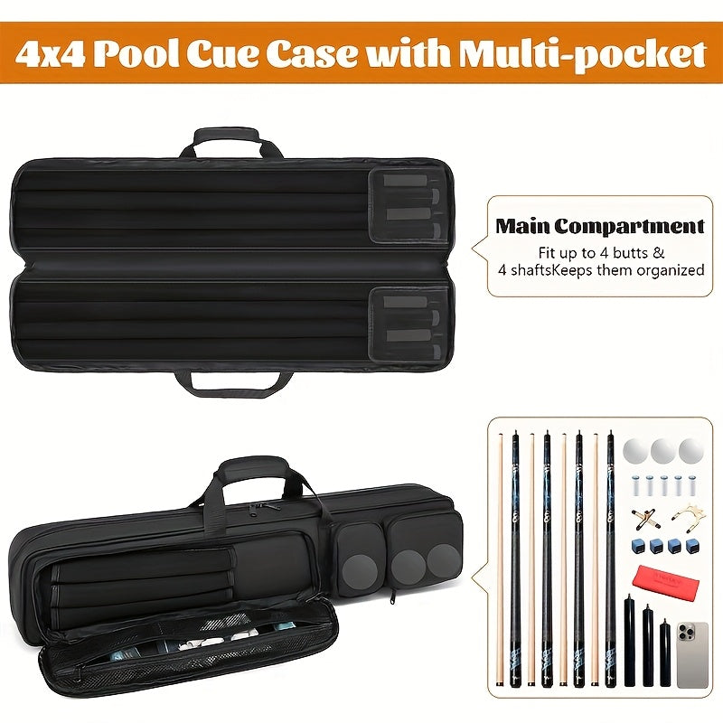 4x4 Pool Cue Case with Hidden Backpack Strap, Billiard Travel Bag Holds 4 Butts and 4 Shafts with Large Front Accessory Pockets for Gear Storage