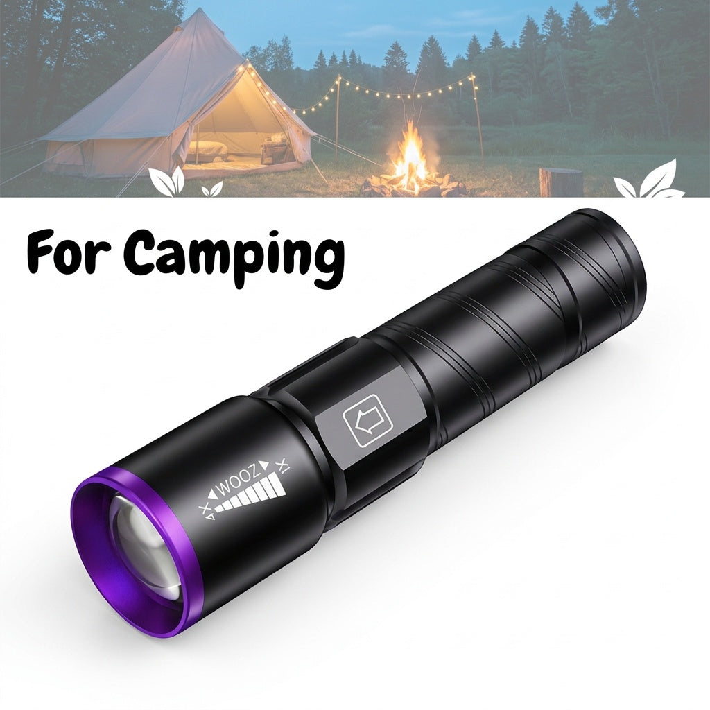 395nm UV Blacklight Flashlight with Adjustable Zoom, USB Rechargeable Aluminum Body and 3 Modes for Fluorescent Stain and Mineral Inspection