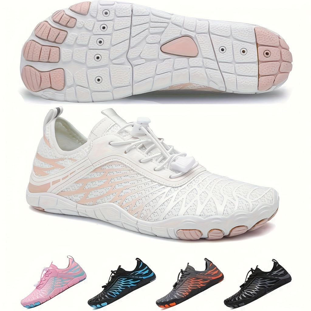 Women's Wide Toe Box Hiking Sneakers, Minimalist Barefoot-Style Trail Running Shoes with Non-Slip Design in White, Black and Pink Red