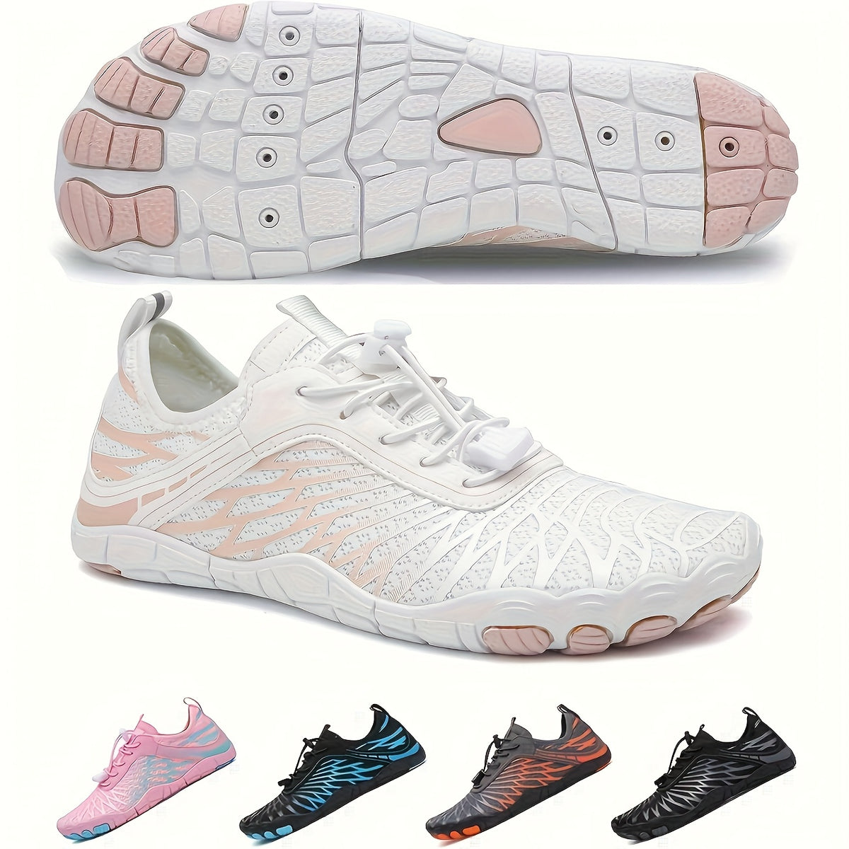 Women's Wide Toe Box Hiking Sneakers, Minimalist Barefoot-Style Trail Running Shoes with Non-Slip Design in White, Black and Pink Red
