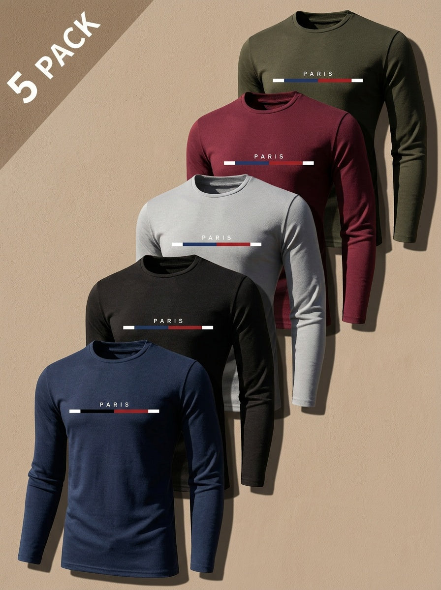 Men's Paris Print Long-Sleeve Crewneck T-Shirts, 5-Pack