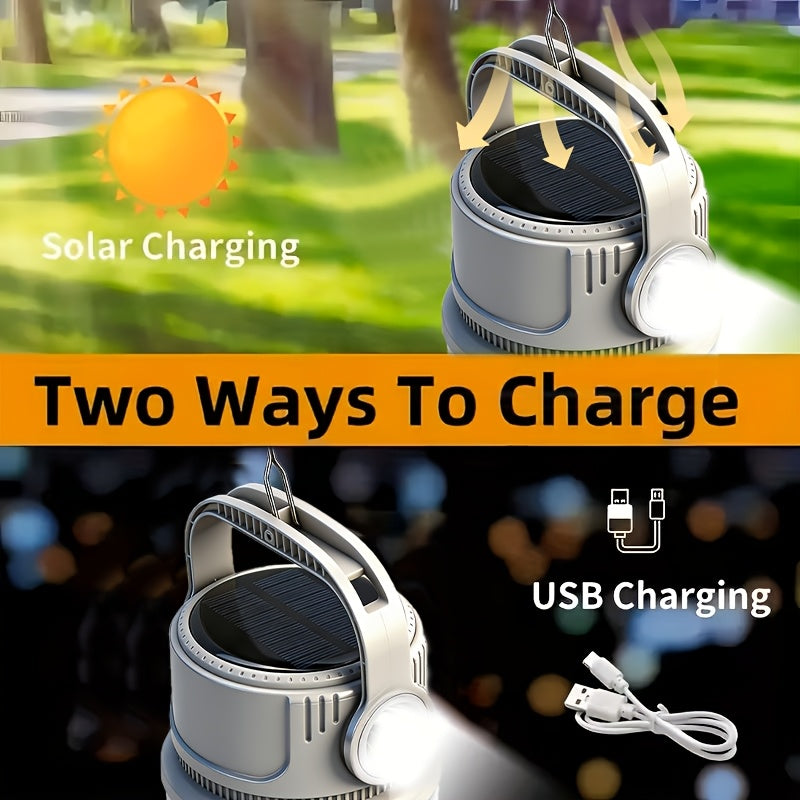 6-Mode Solar Camping Light with USB-C Charging, Hanging Hook and Battery Display, Portable Rechargeable LED Lamp with Phone Backup Power