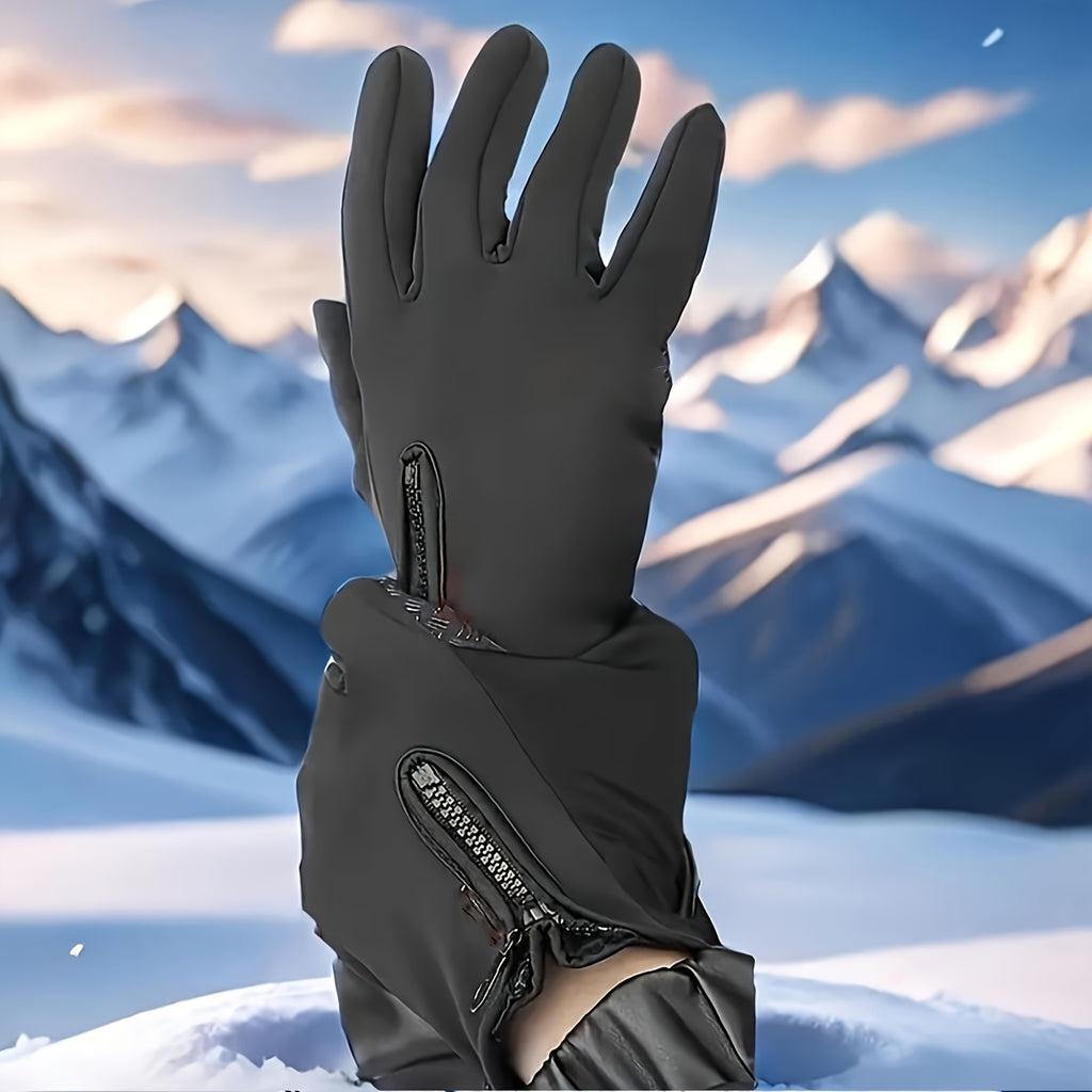Zipper Winter Gloves for Men and Women, Thermal-Lined Touchscreen Gloves in Black Polyamide Knit for Cold-Weather Outdoor Activewear, M–XL