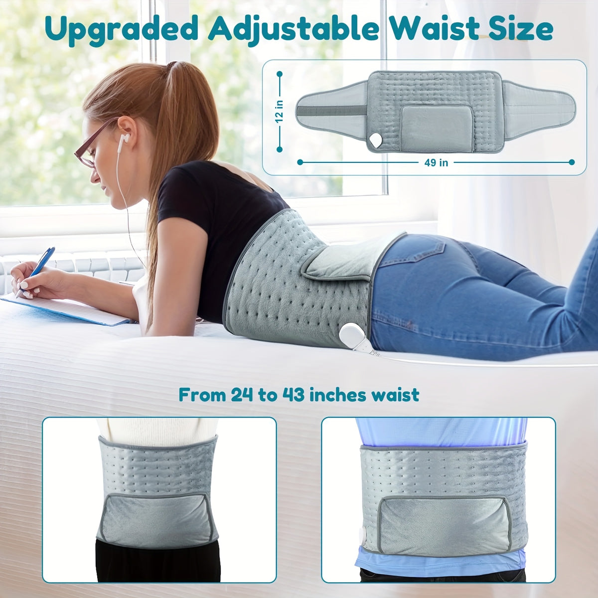 Electric Heating Belt for Men and Women, 12 x 24 Inch Washable Waist Wrap with 6 Heat Settings, 4 Auto Shutoff Timers and Adjustable Fit