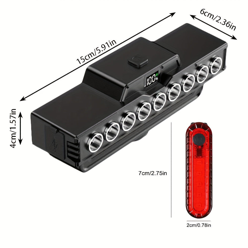 Bicycle Front Light with Digital Display, 9 LEDs and 7 Lighting Modes, USB Rechargeable 4000mAh Headlight with Set Option for Night Riding