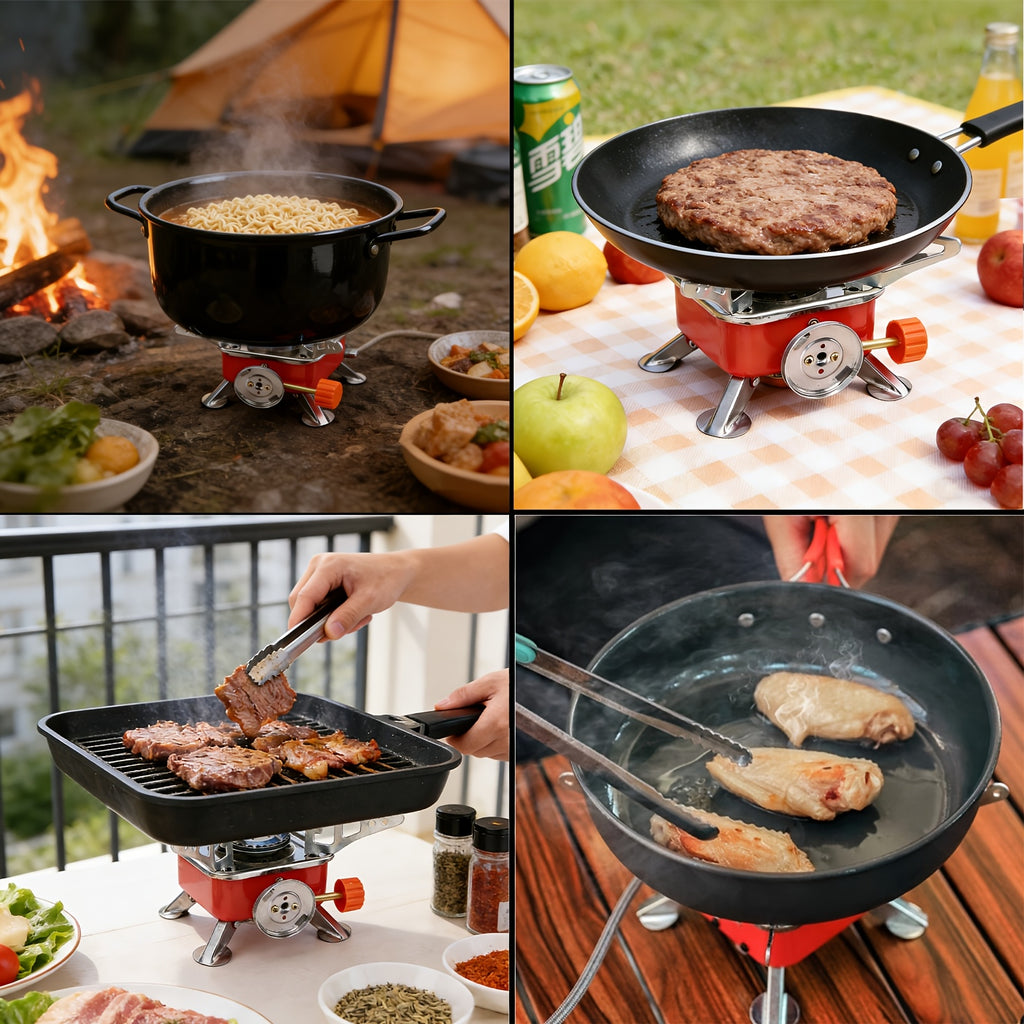 Mini Butane Camping Stove with Folding Supports and Adjustable Flame, Palm-Sized Red Portable Gas Burner for Hiking, Picnics and Outdoor Cooking