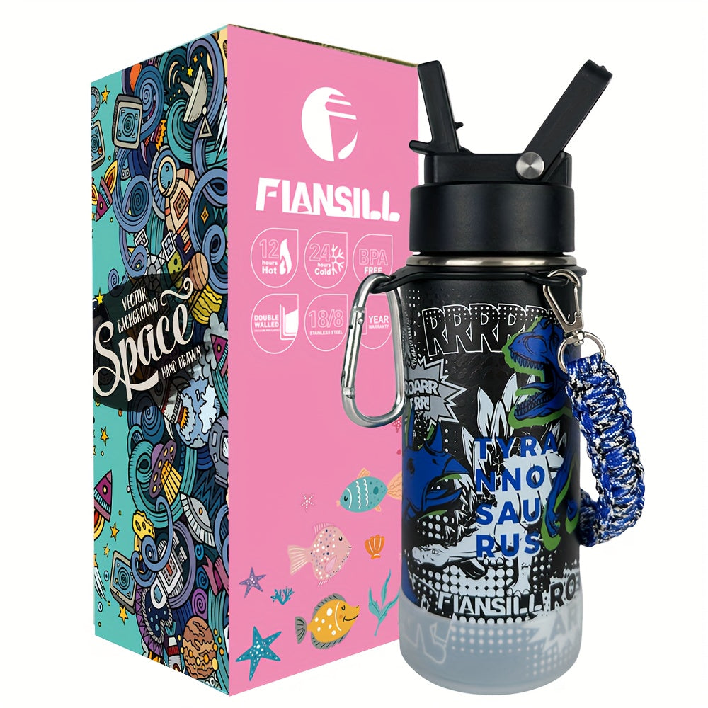 16oz Student Insulated Water Bottle, Stainless Steel Vacuum Flask with One-Hand Lid, Carry Strap and Seven Designs for School and Outdoor Trips