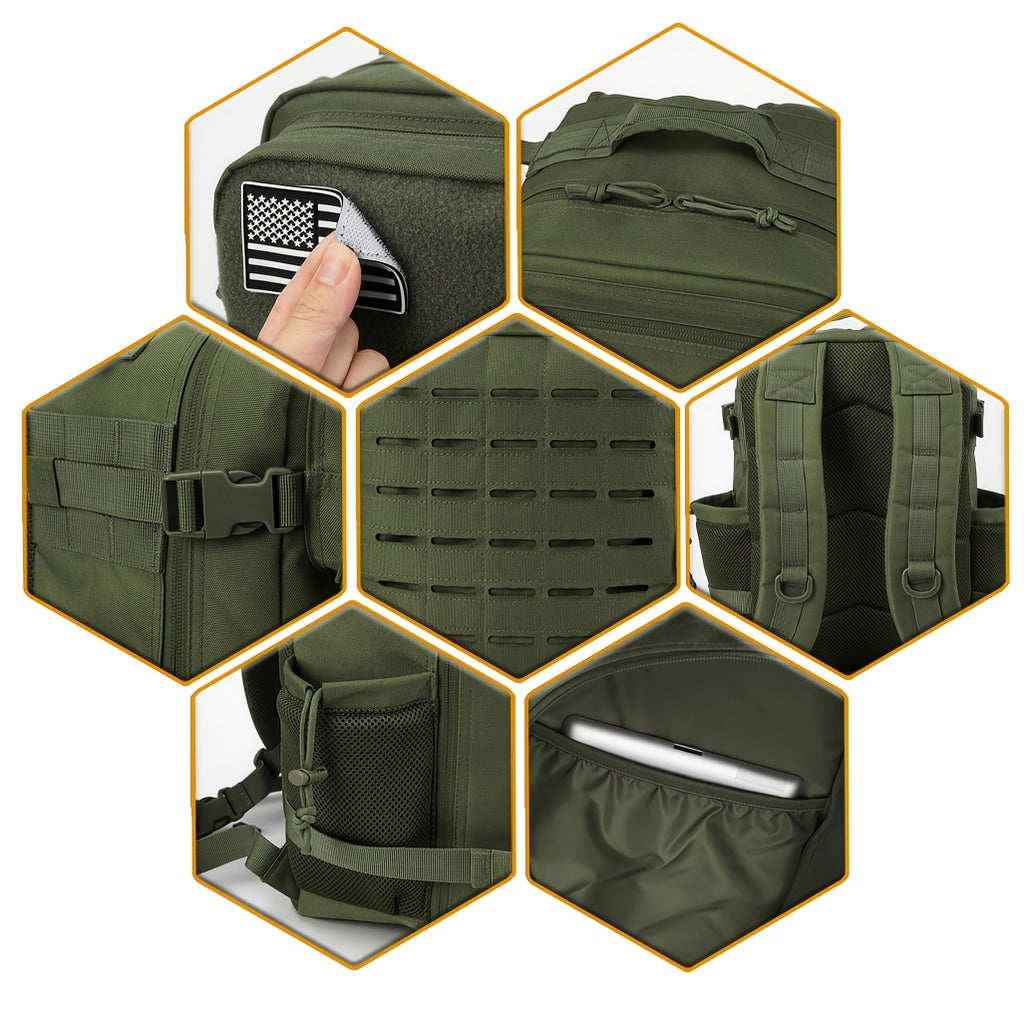 MOLLE Travel Backpack 6.6 Gallon, Tactical-Style Daypack with 180° Flat Opening, Laptop Compartment and Dual Cup Holders for Hiking and Gym Trips