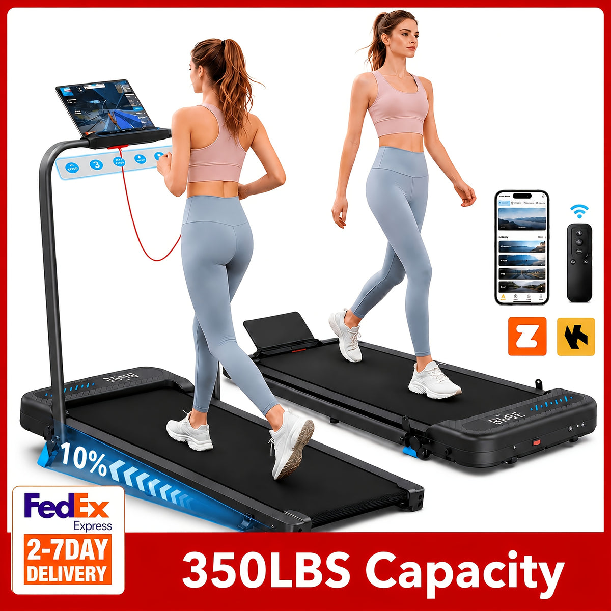 2-in-1 Foldable Treadmill with Incline, 350 lb Listed Capacity Under-Desk Fitness Equipment with LED Display and KINOMAP App for Small Spaces