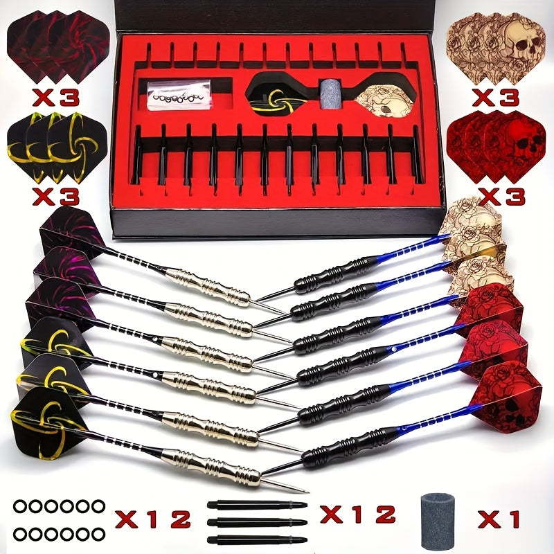 Metal Tip Darts Gift Set with Aluminum Alloy Shafts and Skull Flights, Boxed 6 or 12 Body Options with Extra Flights for Adult Indoor Game Nights