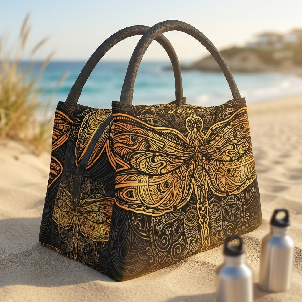 Mandala Dragonfly Insulated Cooler Bag, Reusable 11 x 6.5 x 7 Inch Lunch Carrier for Office Meals, Picnics, Beach Outings and Everyday Use