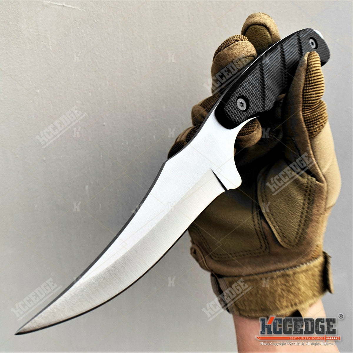 Trailing Point Hunting Knife, 9-Inch Listed Full Tang Fixed Blade with Stainless Steel Construction for Adult Outdoor Cutting, Black Silver or Desert Tan