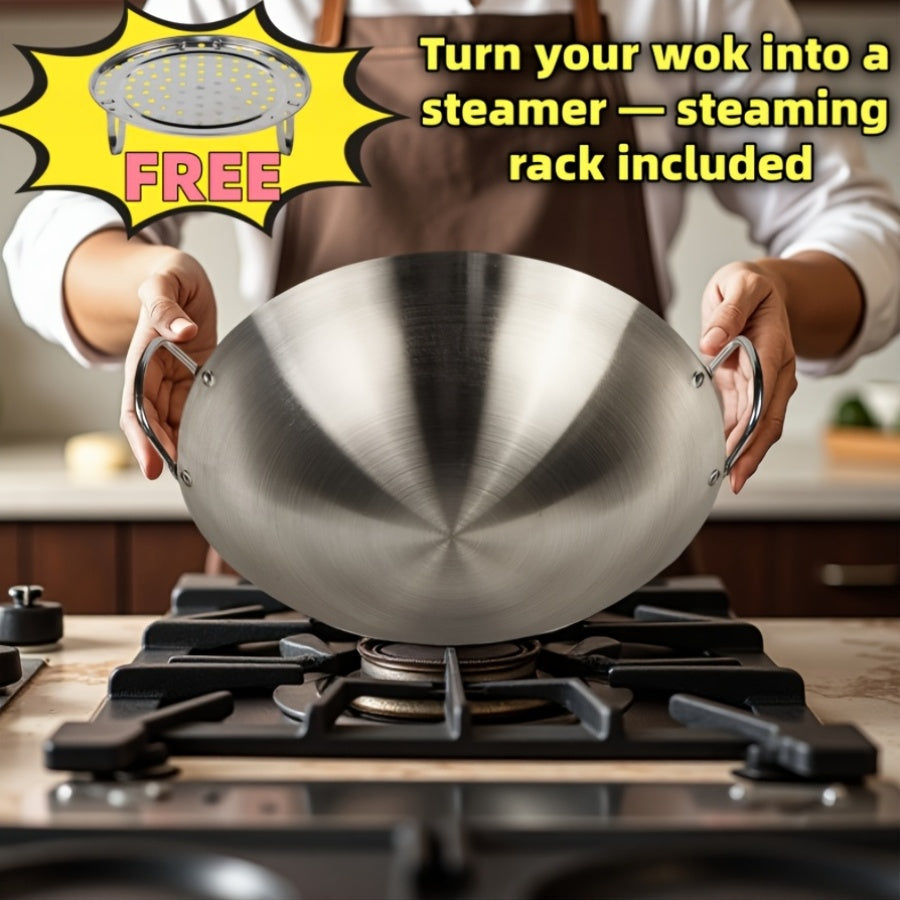 Stainless Steel Stir Fry Wok with Double Handles, Heavy-Duty Cooking Pan for Sautéing, Boiling and Braising at Home or Camping