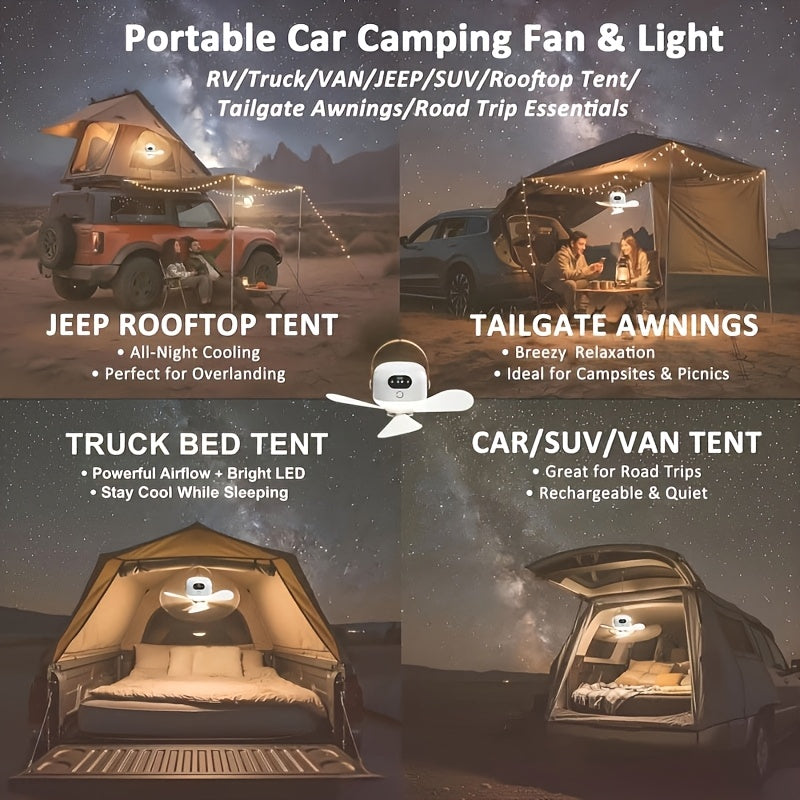 Tent Ceiling Fan with LED Illumination, Rechargeable Portable Camping Fan with 3 Removable Blades and 3 Speeds for RVs, Gazebos and Dorm Rooms