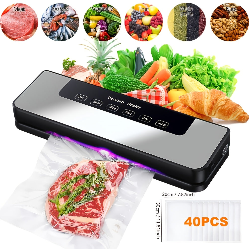 65kPa Food Vacuum Sealer with Wet and Dry Modes, 40 Storage Bags and External Vacuum Hose for Home Kitchen Portion Packing and Camping Meal Prep