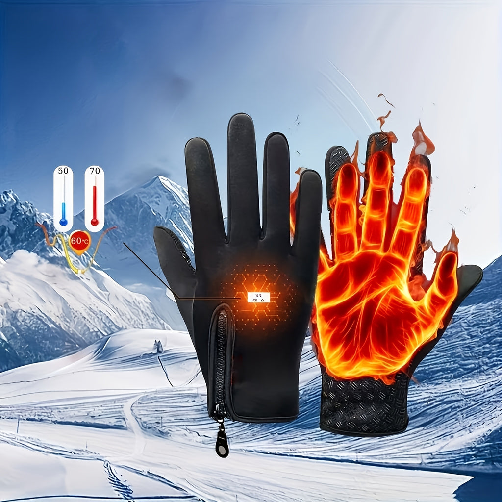 Zipper Winter Gloves for Men and Women, Thermal-Lined Touchscreen Gloves in Black Polyamide Knit for Cold-Weather Outdoor Activewear, M–XL