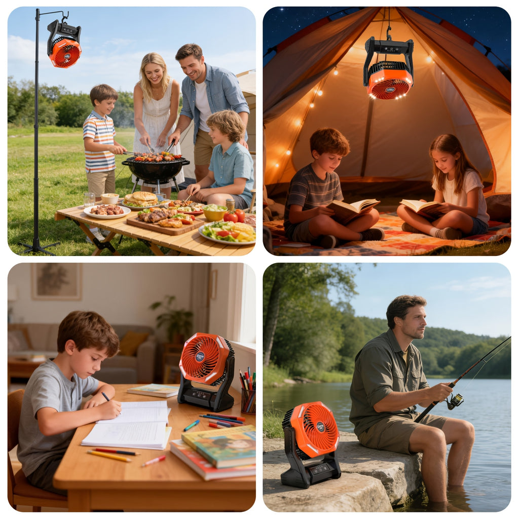 Portable Outdoor Desk Fan with LED Light, Camping Cooling Gear with Orange, Green, Black, Gray and Pink Color and Model Options