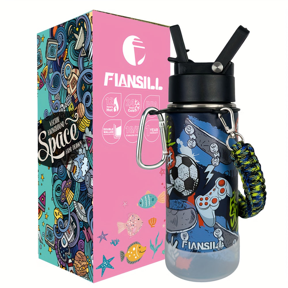 16oz Student Insulated Water Bottle, Stainless Steel Vacuum Flask with One-Hand Lid, Carry Strap and Seven Designs for School and Outdoor Trips