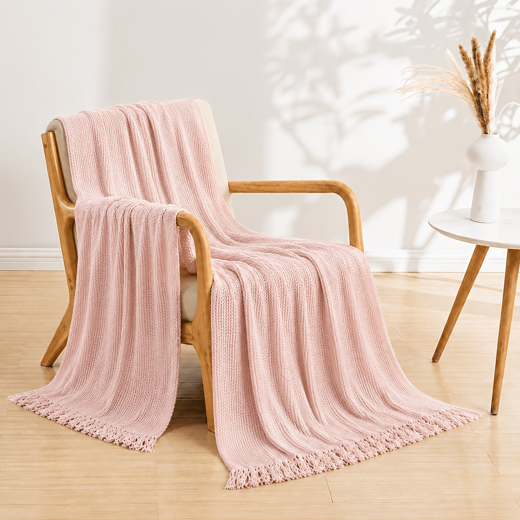 Waffle Knit Throw Blanket with Tassel Fringe for Sofa, Bed or Outdoor Lounging, Lightweight Boho Accent in Khaki, Beige and Green Options