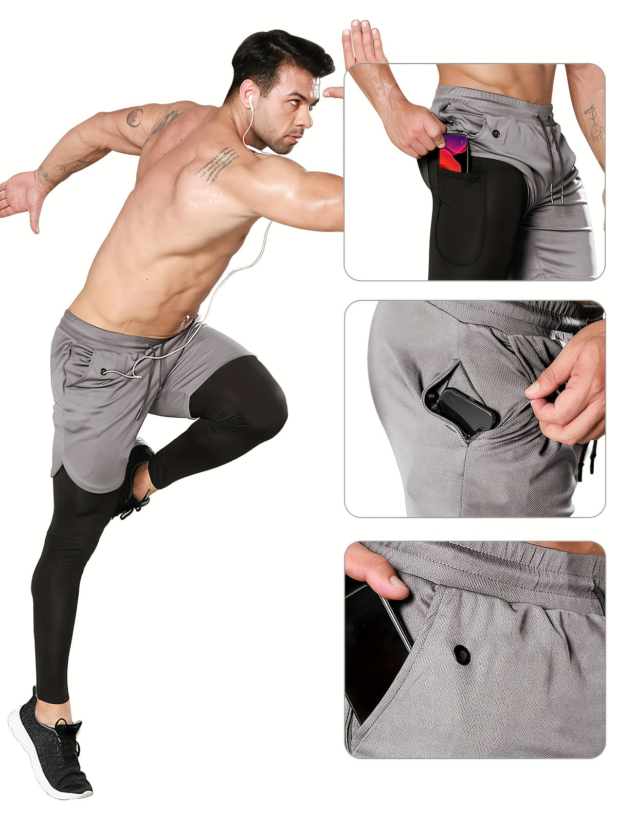 Men's Compression Pants with Towel Loop, 2-in-1 Running and Workout Gym Tights in Multiple Colors, Sizes S-XXL for Training Activewear