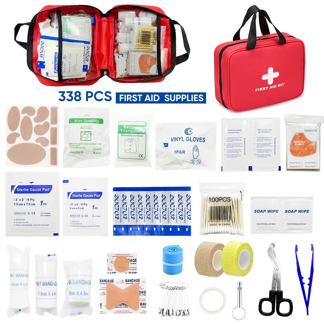 338-Piece First Aid Kit in Red, Compact Emergency Preparedness Supply Set with Listed Waterproof Design for Home, Office and Car Storage