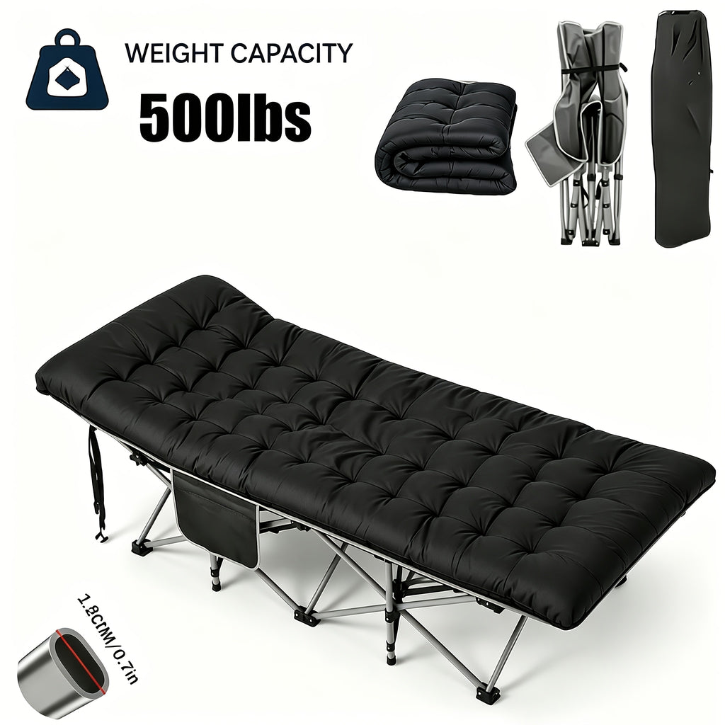 Steel-Frame Camping Cot, Heavy-Duty Folding Outdoor Bed with Side Pocket and Anti-Slip Feet, Black, Grey or Blue, Multiple Model Options