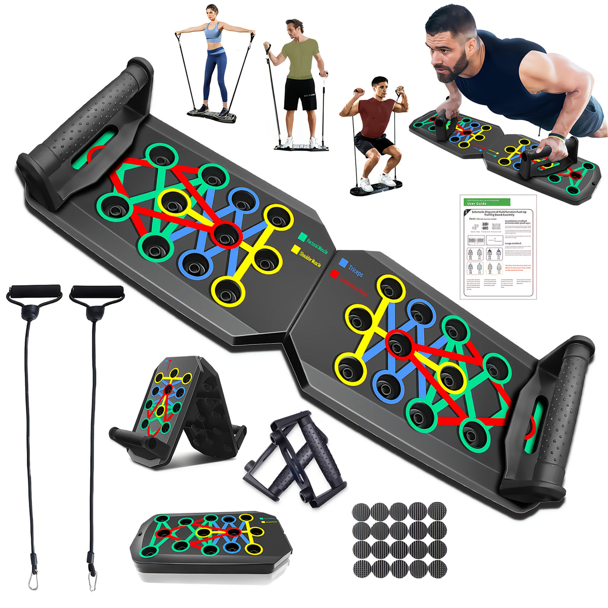 28-Hole Push-Up Board Set with 2 Resistance Bands, Multifunctional Home Gym Exercise Equipment for Chest Workouts and Bodyweight Strength Training