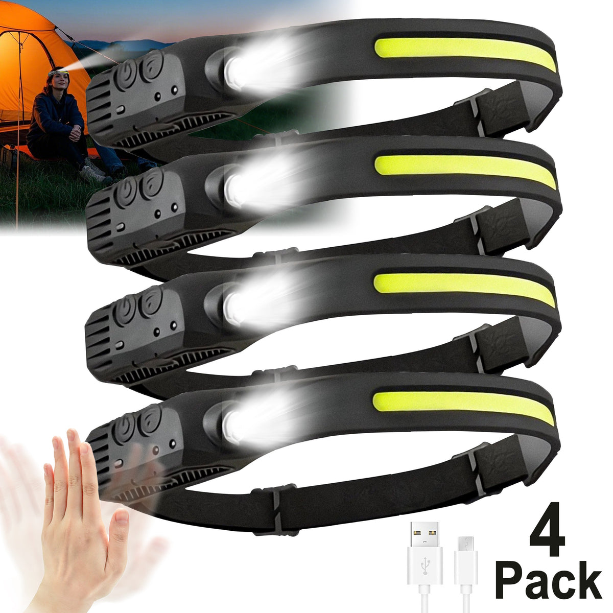 1200mAh USB Rechargeable LED Headlamps 4-Pack, Hands-Free Head Lights with Adjustable Headbands for Outdoor Outings, Running and Repair Tasks