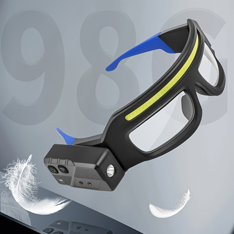 Glasses-Style LED Headlamp with Rotatable Beam, Adjustable Brightness and Independent Controls, Blue Hands-Free Light for Night Fishing and Craft Tasks
