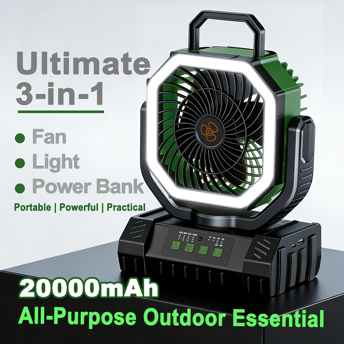 3-in-1 Camping Fan with Dimmable LED Tent Light and 20000mAh Power Bank, Four-Speed Portable Fan with 360-Degree Adjustment for Campsite and Backyard Use