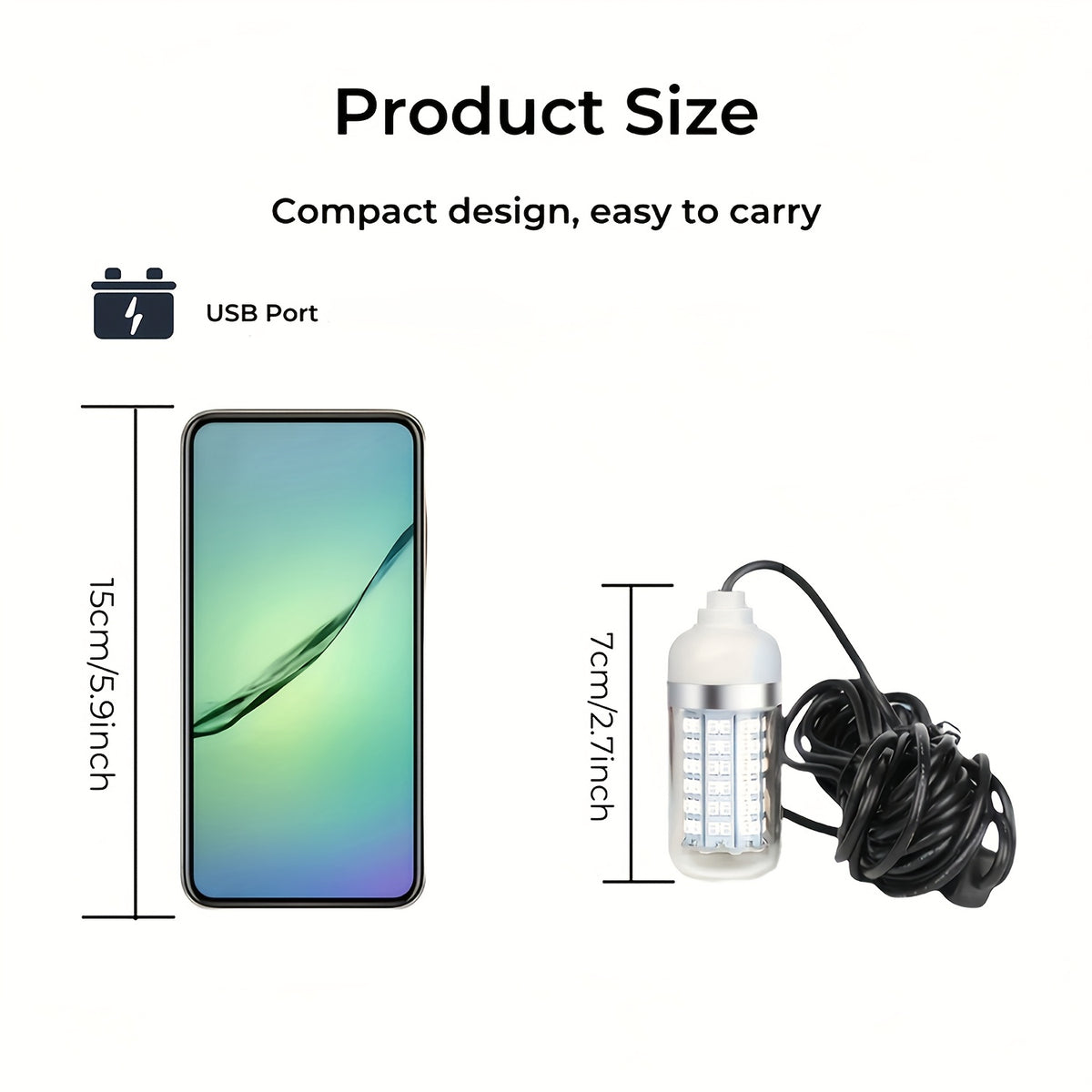 108-LED Underwater Fishing Light with USB Connector and 16.4-Foot Cable, Listed IP68 Design for Night Angling, Green or White Light Options