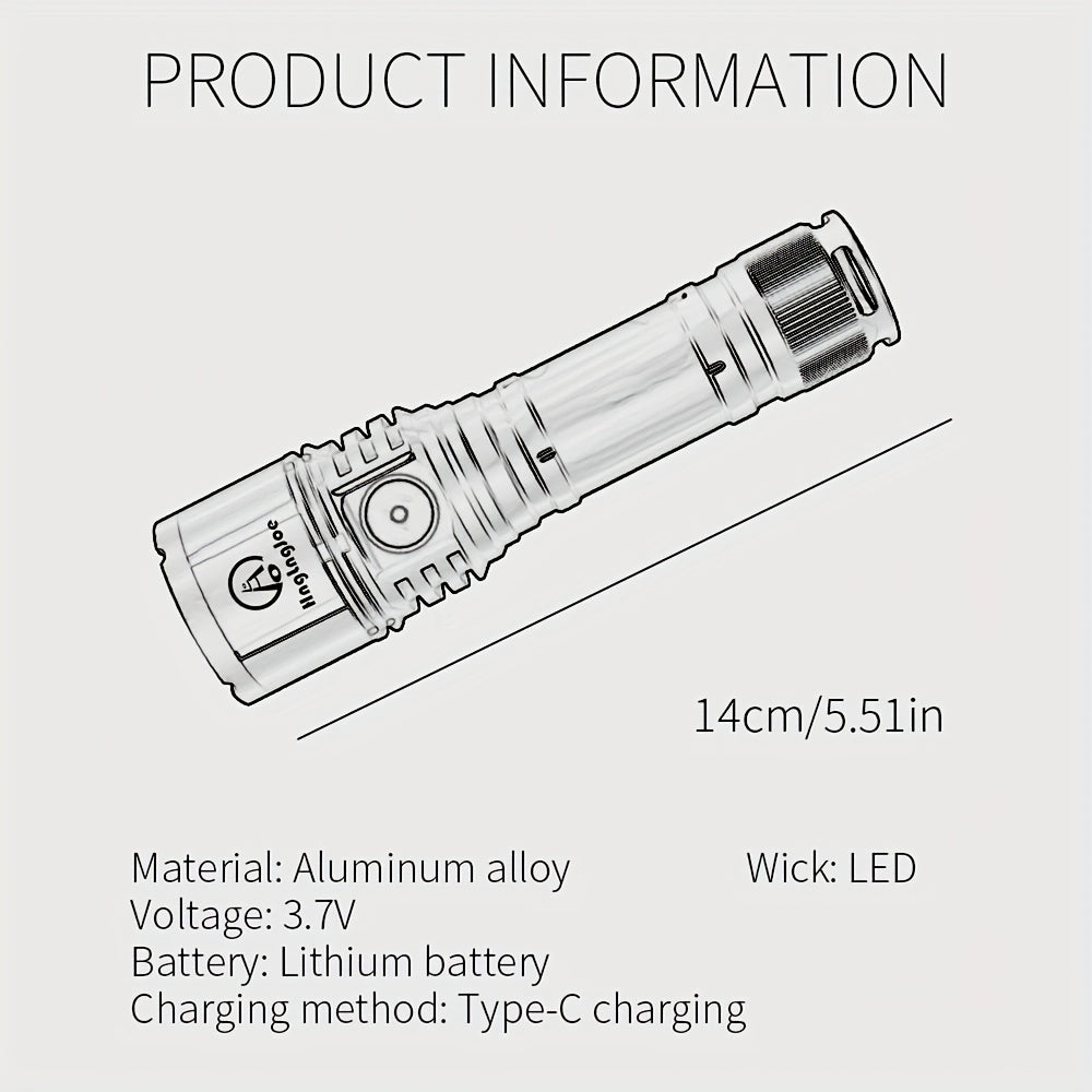 Aluminum Alloy Flashlight with Built-In Fresnel Lens and Listed 21700 Lithium Battery, Handheld Outdoor Light for Nighttime Outings and Home Backup