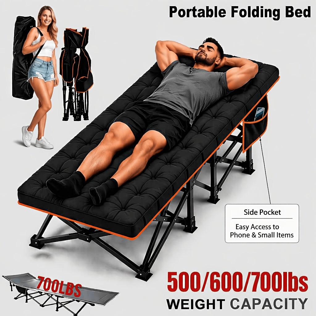 Steel-Frame Camping Cot, Heavy-Duty Folding Outdoor Bed with Side Pocket and Anti-Slip Feet, Black, Grey or Blue, Multiple Model Options