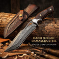 Full-Tang Damascus Hunting Knife with Leather Sheath, Hand-Forged Patterned Steel Blade and Premium Handle for Outdoor Field Tasks and Collectors