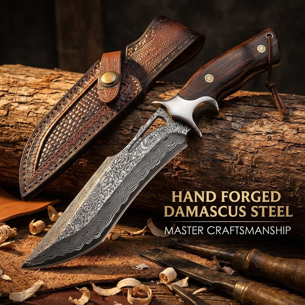 Full-Tang Damascus Hunting Knife with Leather Sheath, Hand-Forged Patterned Steel Blade and Premium Handle for Outdoor Field Tasks and Collectors