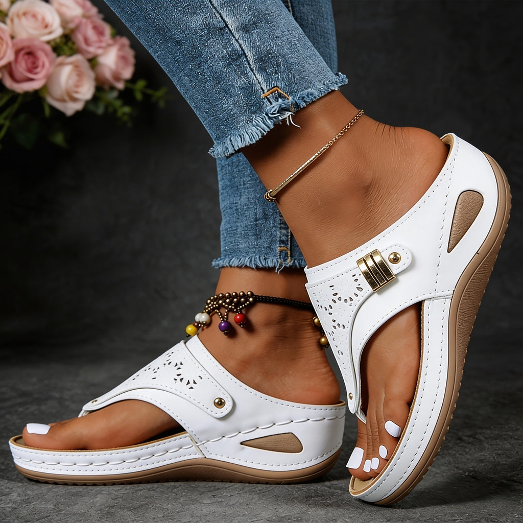 Cutout Wedge Sandals for Women, Open-Toe Slip-On Summer Shoes with Thick Soles and Decorative Metallic Details for Beach Vacations and Casual Outfits