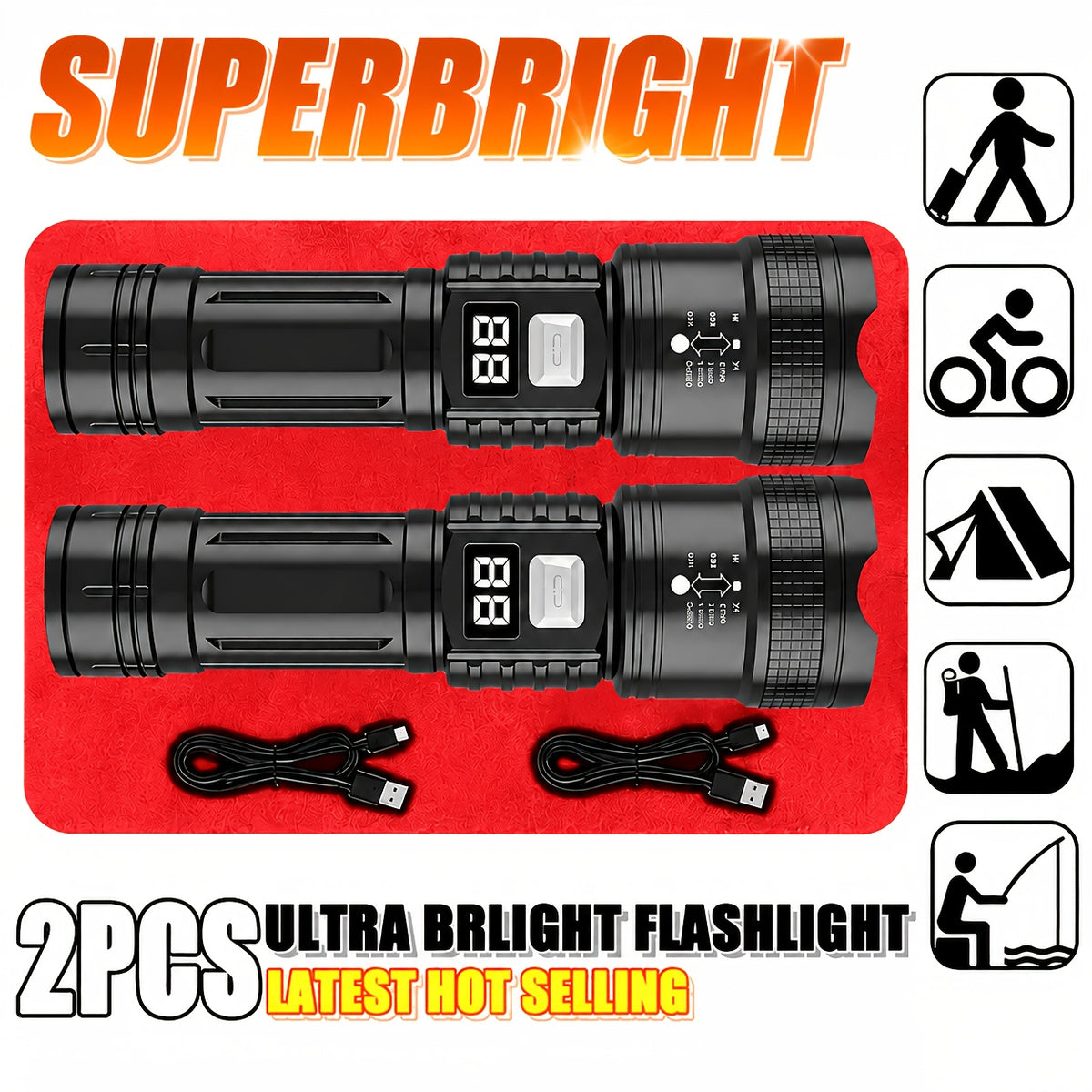 3-Mode USB Rechargeable LED Flashlights 2-Pack, Gray Button Handheld Light Set for Camping, Household Tasks and Power Outage Backup Lighting