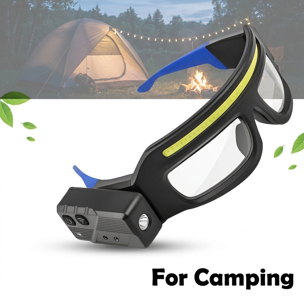 Glasses-Style LED Headlamp with Rotatable Beam, Adjustable Brightness and Independent Controls, Blue Hands-Free Light for Night Fishing and Craft Tasks