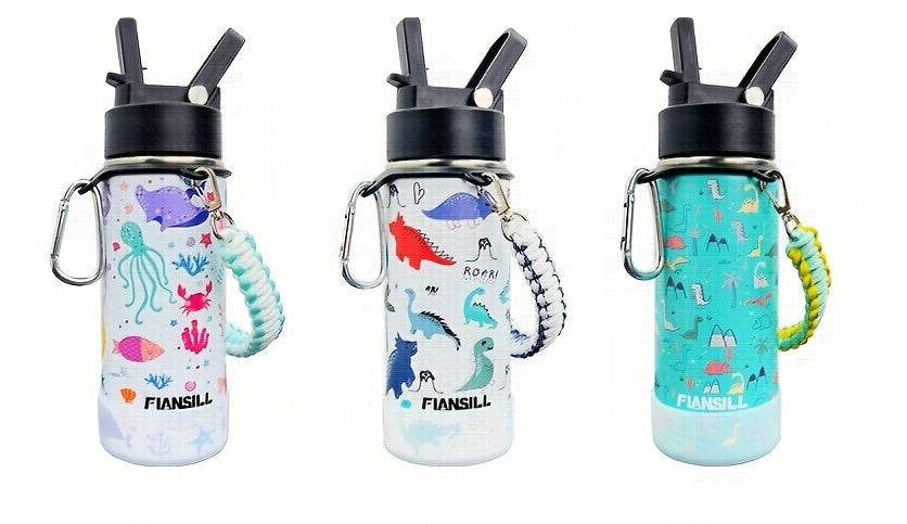 16oz Student Insulated Water Bottle, Stainless Steel Vacuum Flask with One-Hand Lid, Carry Strap and Seven Designs for School and Outdoor Trips