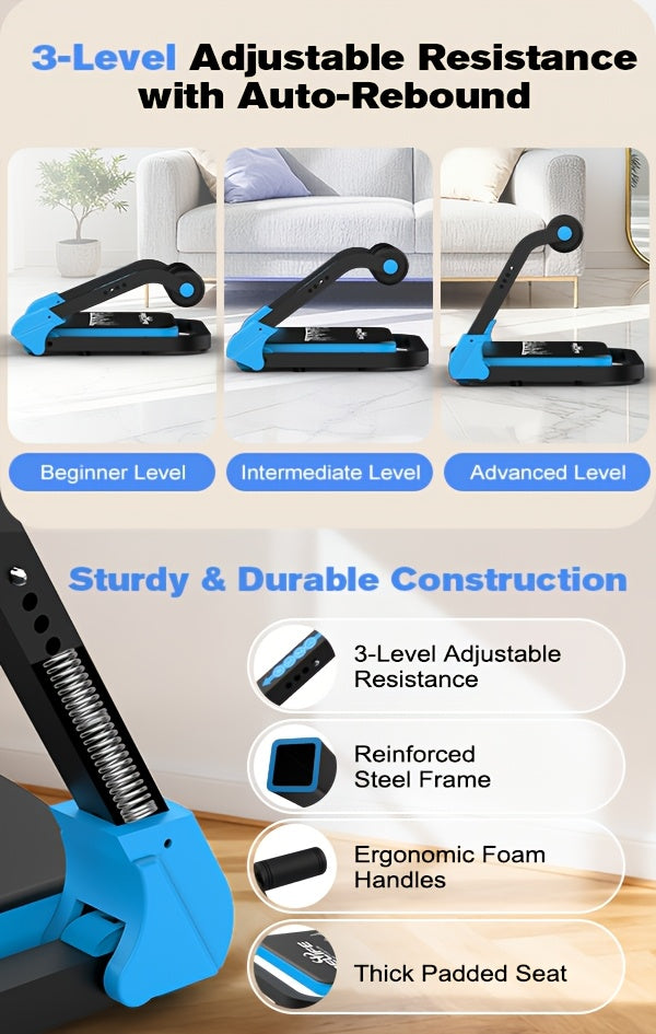 Adjustable Resistance Ab Crunch Machine for Home Gym, Foldable Core Exercise Equipment with Rebound System, Foam Cushion and Steel Frame, Blue or Black