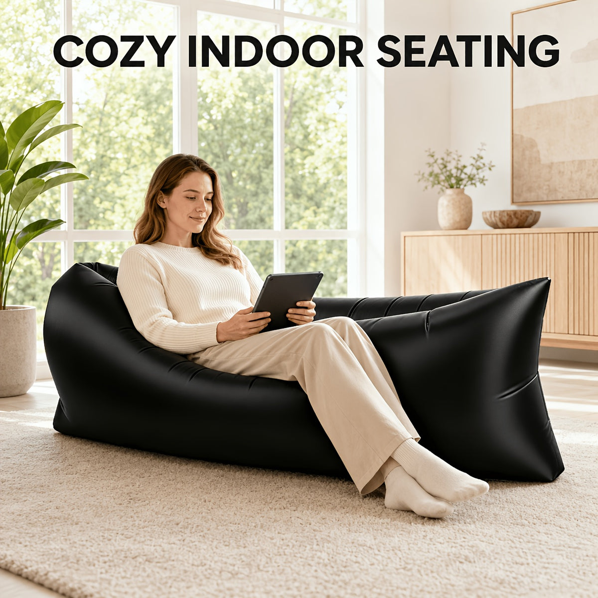 Inflatable Lounger Sofa Bed for One Person, Portable Foldable Polyester Air Cushion with Storage Bag for Camping and Beach Relaxation