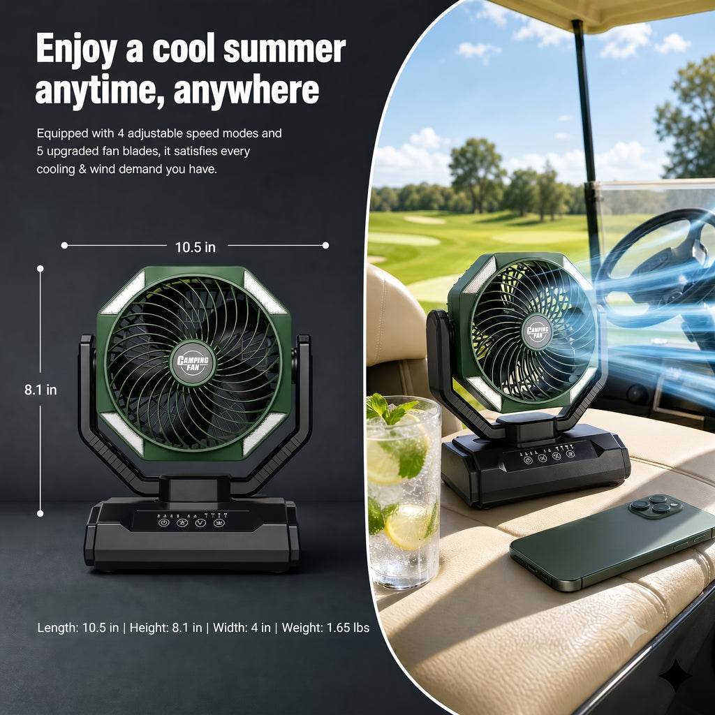 Rechargeable Tent Fan with 20000mAh Battery, Four Speeds, Remote Control and Hanging Hook for Camping, Beach Days and Outdoor Cooling