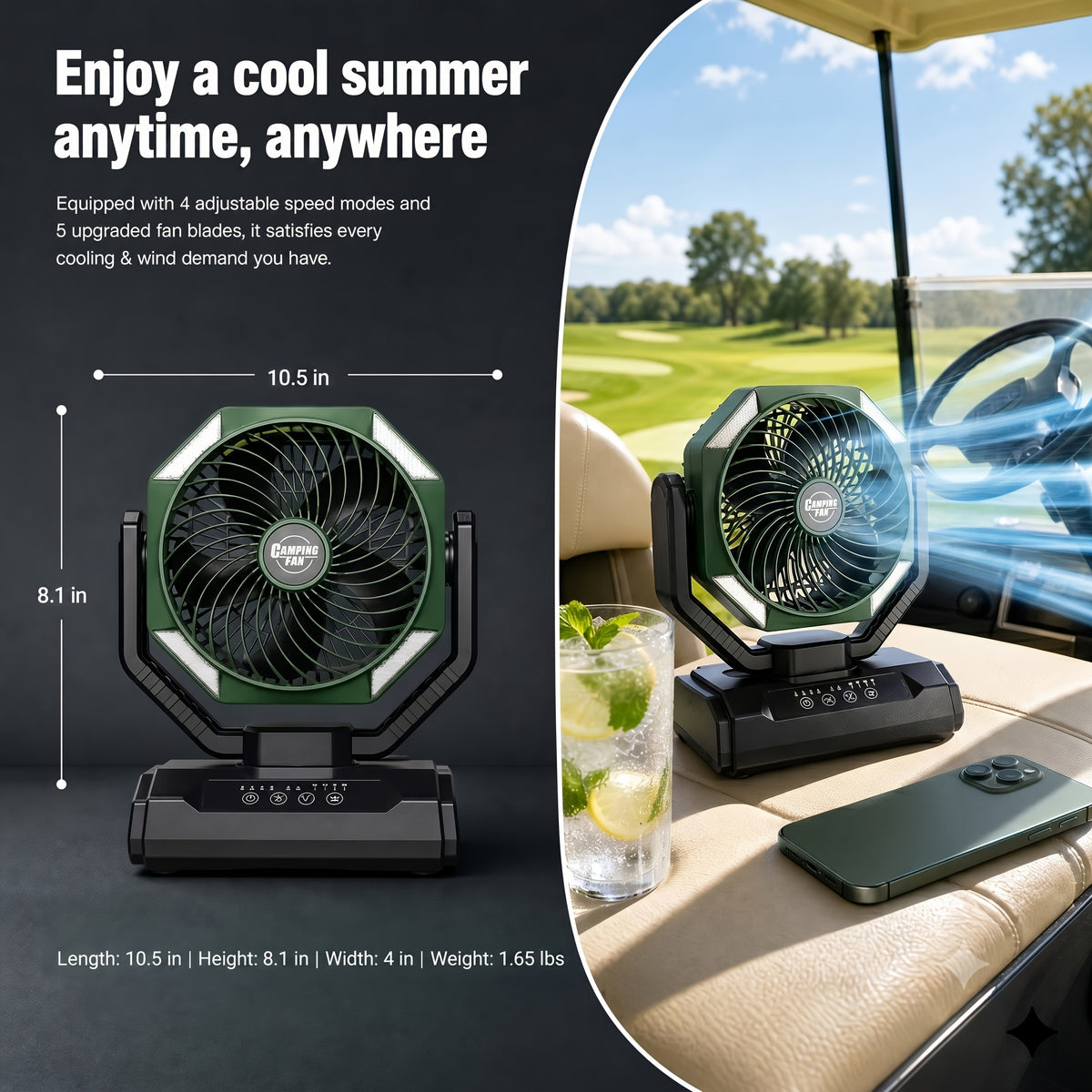Rechargeable Tent Fan with 20000mAh Battery, Four Speeds, Remote Control and Hanging Hook for Camping, Beach Days and Outdoor Cooling