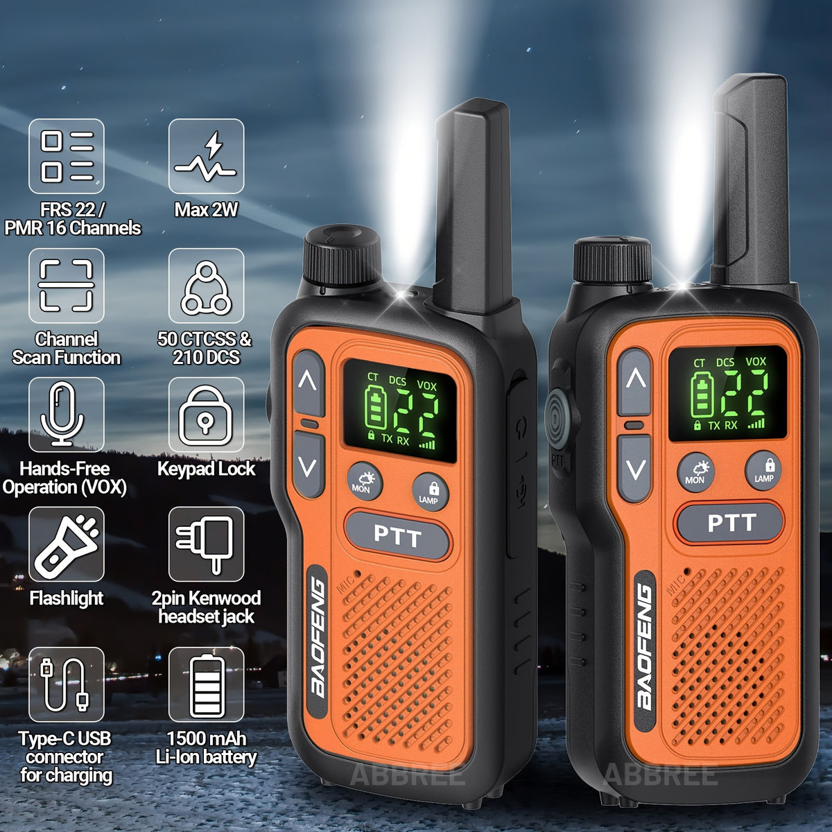 22-Channel FRS Walkie Talkies for Adults, BAOFENG Two-Way Radios with LCD Display, VOX and USB-C Lithium-Ion Battery Features, 2 or 4 Pack for Camping
