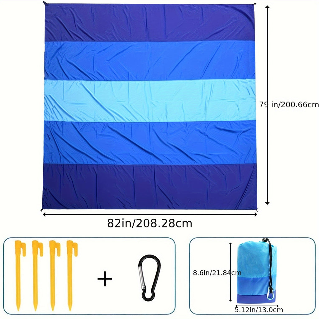 Sandproof Beach Blanket 79 x 83 Inches for 1-4 Adults, Blue Lightweight Quick-Drying Nylon Picnic Mat for Travel, Camping and Hiking