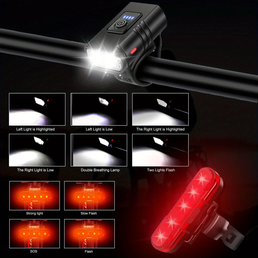 USB-C Rechargeable Bicycle Lights with Six Front Modes and Battery Display, 1, 2 or 3 Piece Options Including No-Taillight Selections